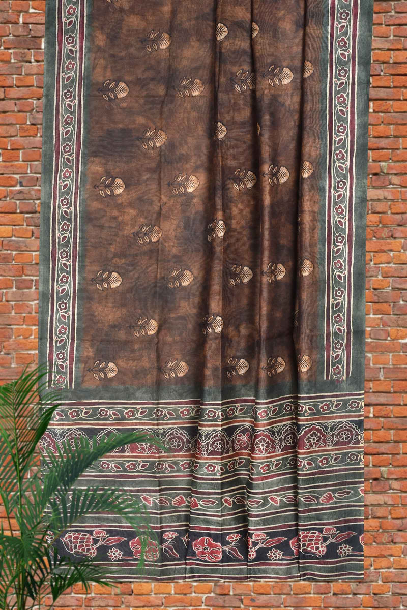 Brown Light Green Digital Chanderi Saree