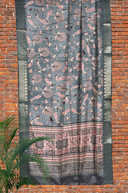 Grey Digital Bird Kotha Cotton Saree