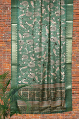 Green Peacock Digital Kotha Cotton Saree