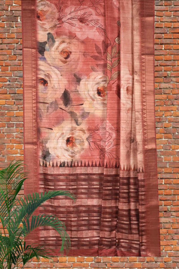 Pink Flower Digital Kotha Cotton Saree