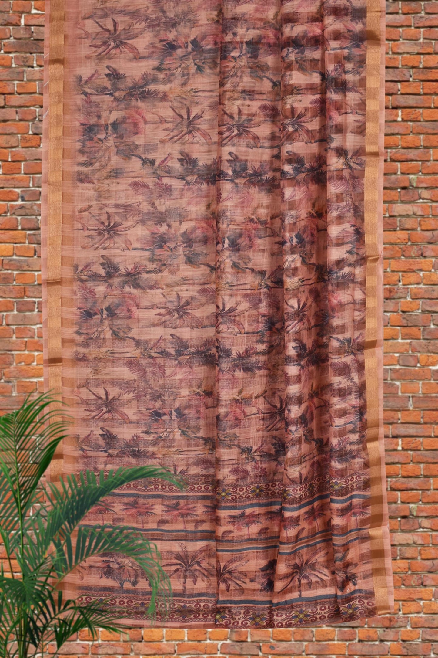 Light Orange Cotton Self Checks Saree