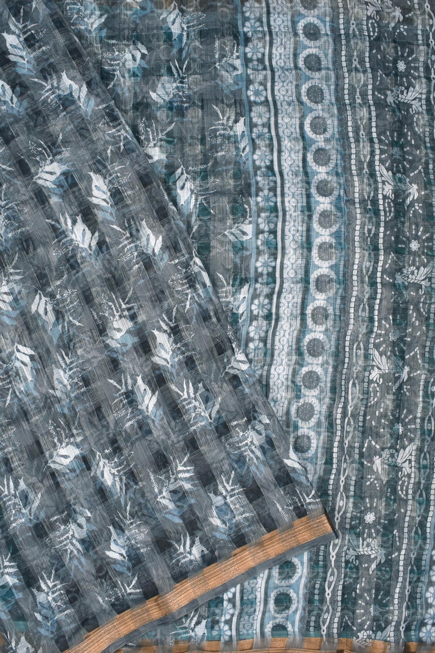 Grey Cotton Self Checks Leaf Print Saree