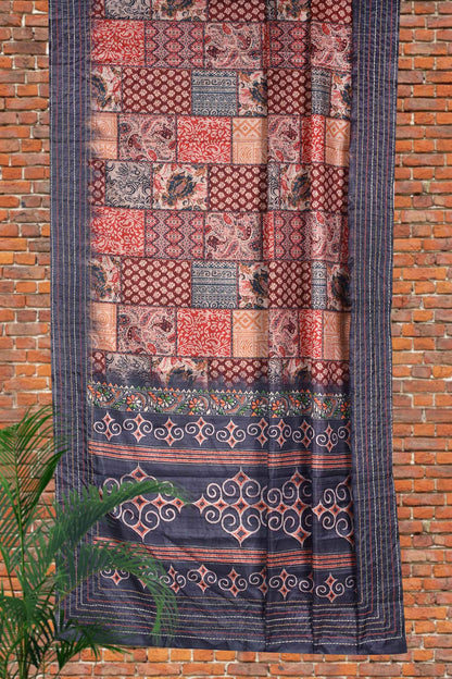 Multicolor Grey Manipuri Tussar Kantha Work Saree