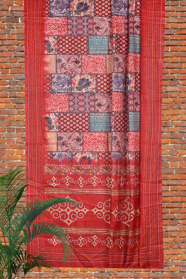 Multicolor Red Manipuri Tussar Kantha Work Saree