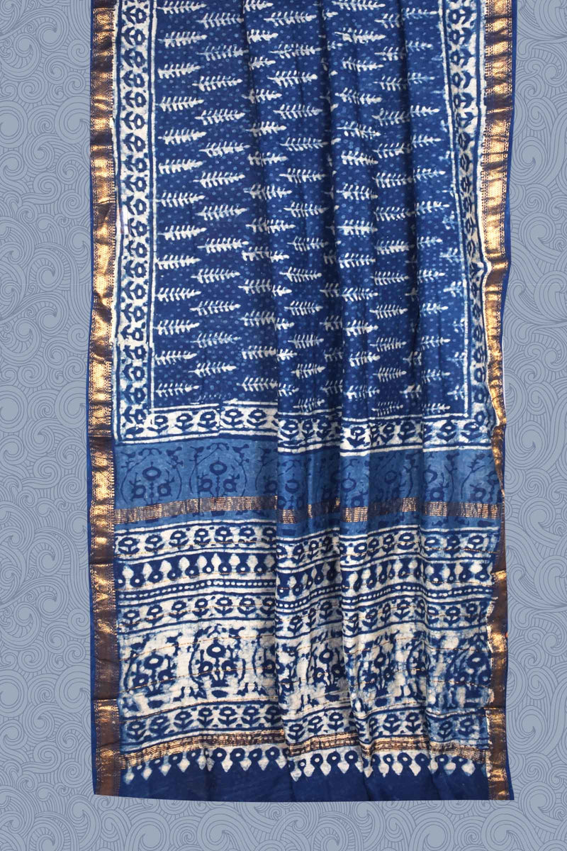 Blue Tree Maheshwari Hand Block Print Saree