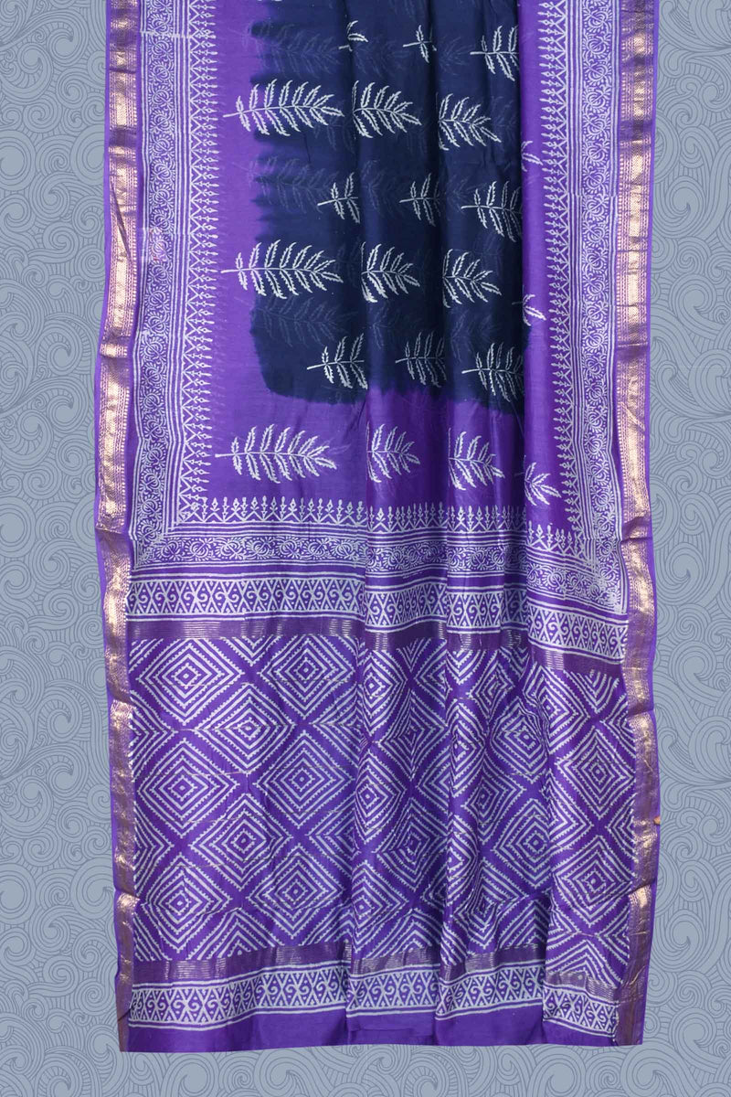Blue Violet Maheshwari Hand Block Print Saree
