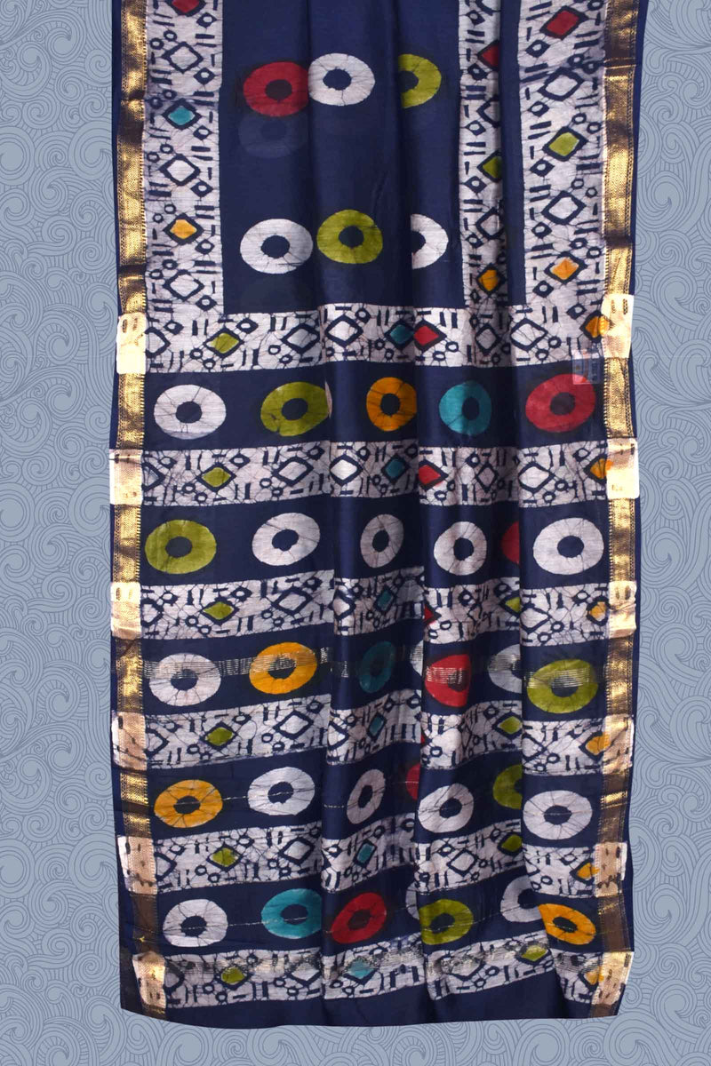 Dark Blue Maheshwari Hand Block Print Saree