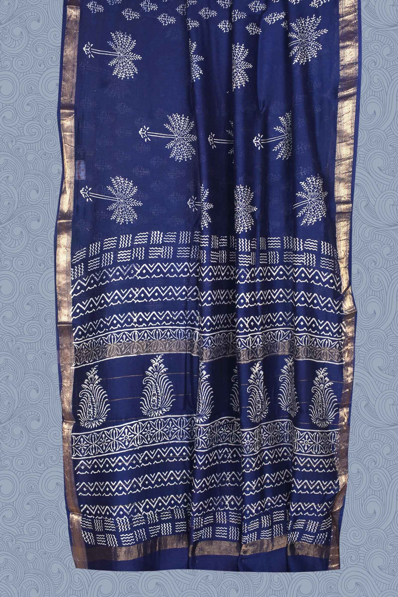 Navy Blue Maheshwari Hand Block Print Saree