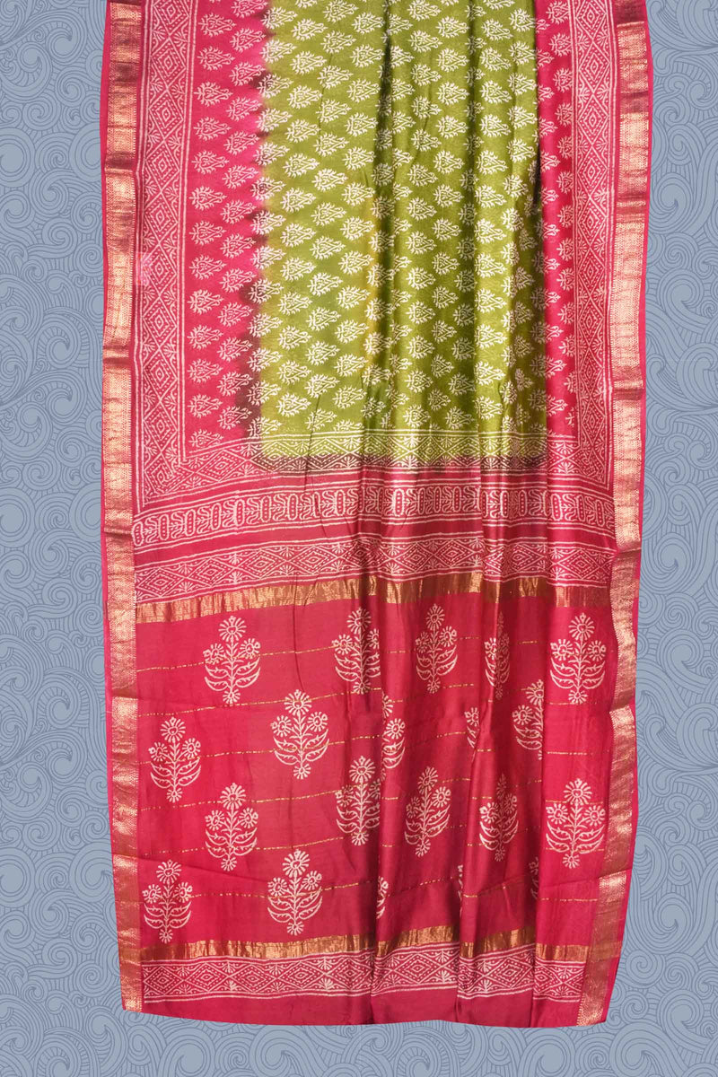 Green Pink Maheshwari Hand Block Print Saree