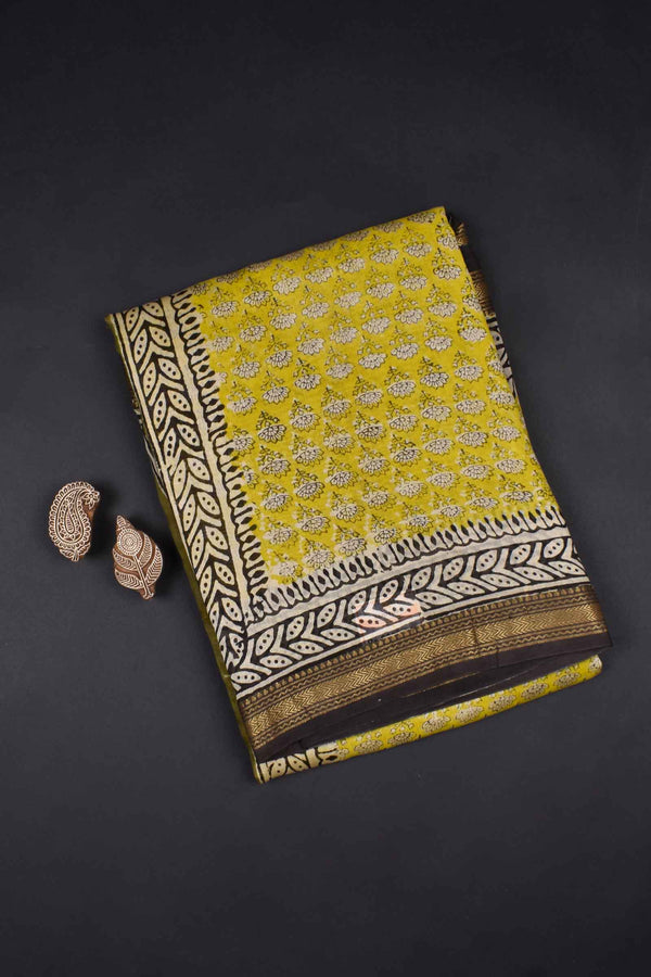 Yellow Maheshwari Hand Block Print Saree