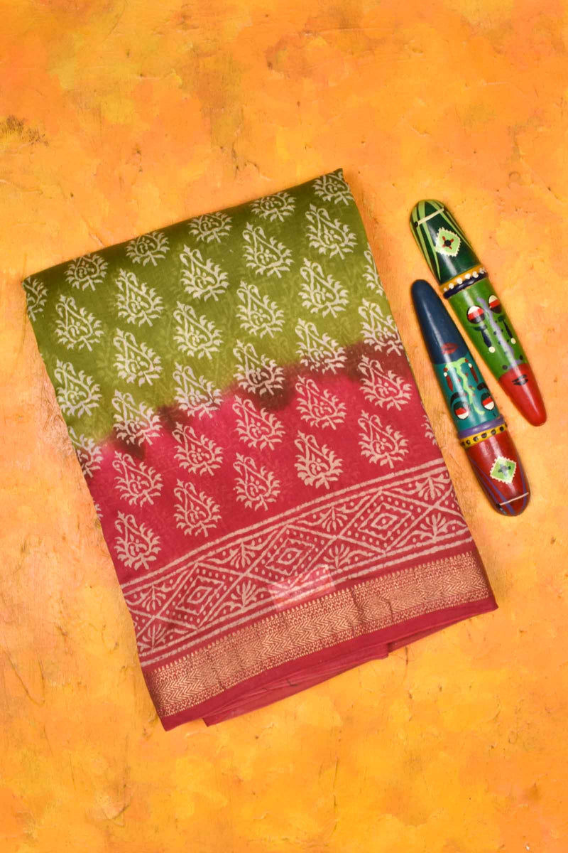 Green Pink Maheshwari Hand Block Print Saree