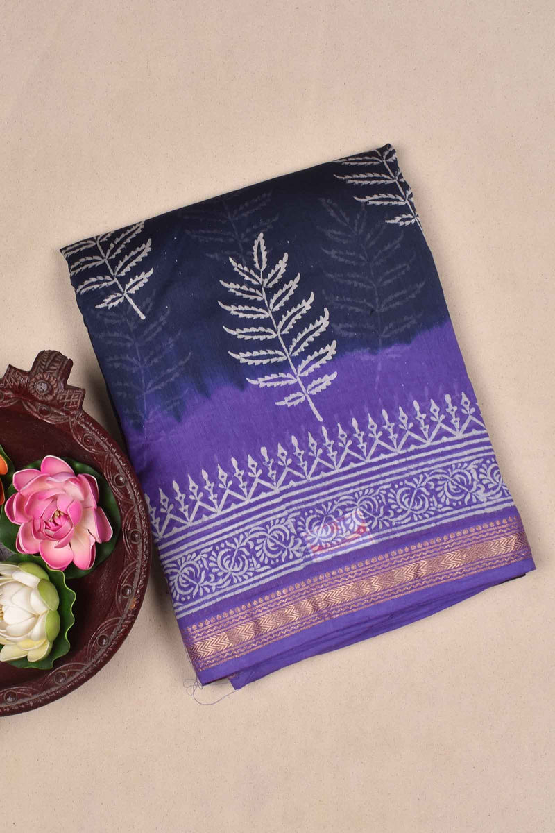 Blue Violet Maheshwari Hand Block Print Saree