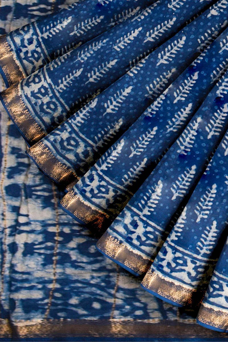 Blue Tree Maheshwari Hand Block Print Saree