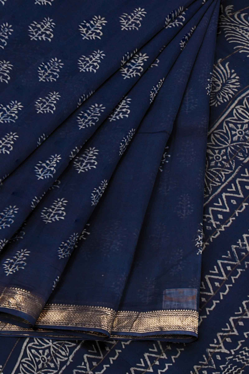 Navy Blue Maheshwari Hand Block Print Saree