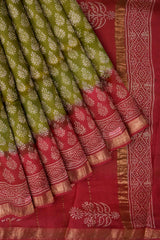Green Pink Maheshwari Hand Block Print Saree