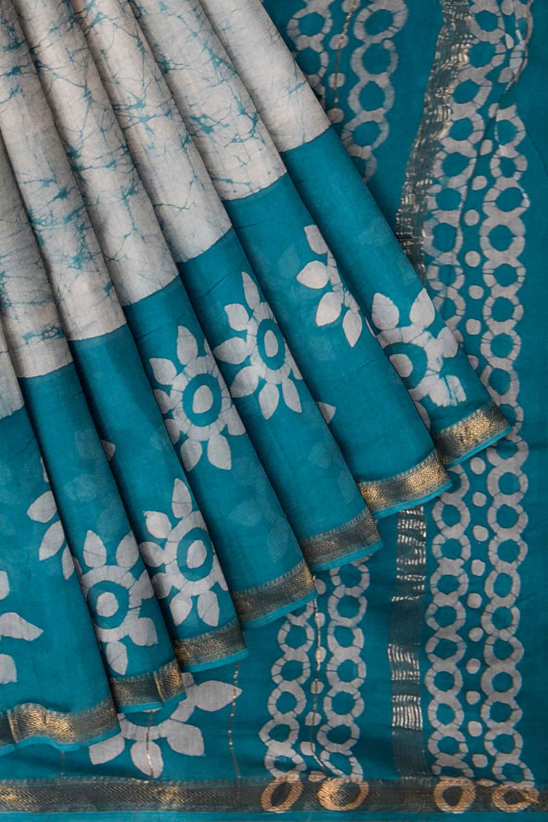 Blue Flower Maheshwari Hand Block Print Saree