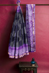 Blue Violet Maheshwari Hand Block Print Saree