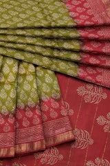 Green Pink Maheshwari Hand Block Print Saree