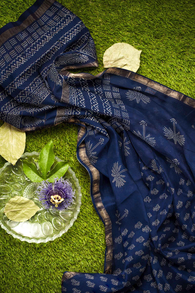 Navy Blue Maheshwari Hand Block Print Saree