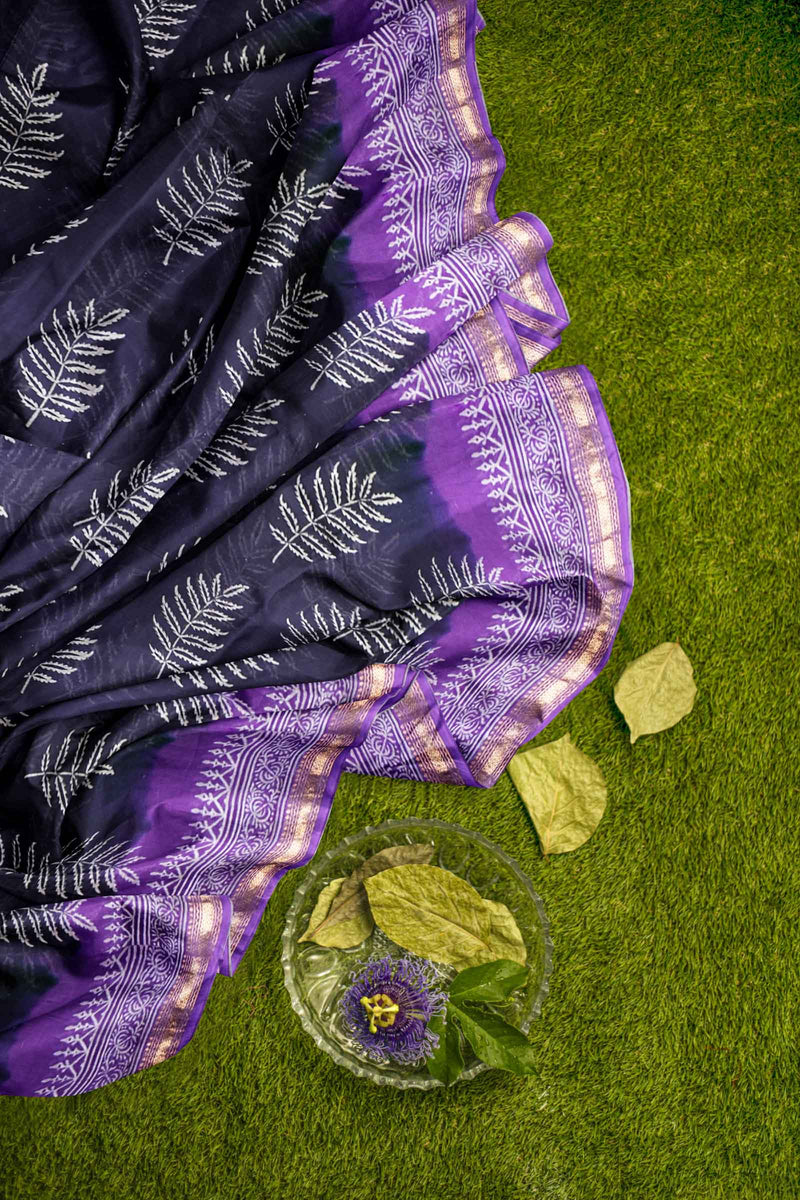 Blue Violet Maheshwari Hand Block Print Saree