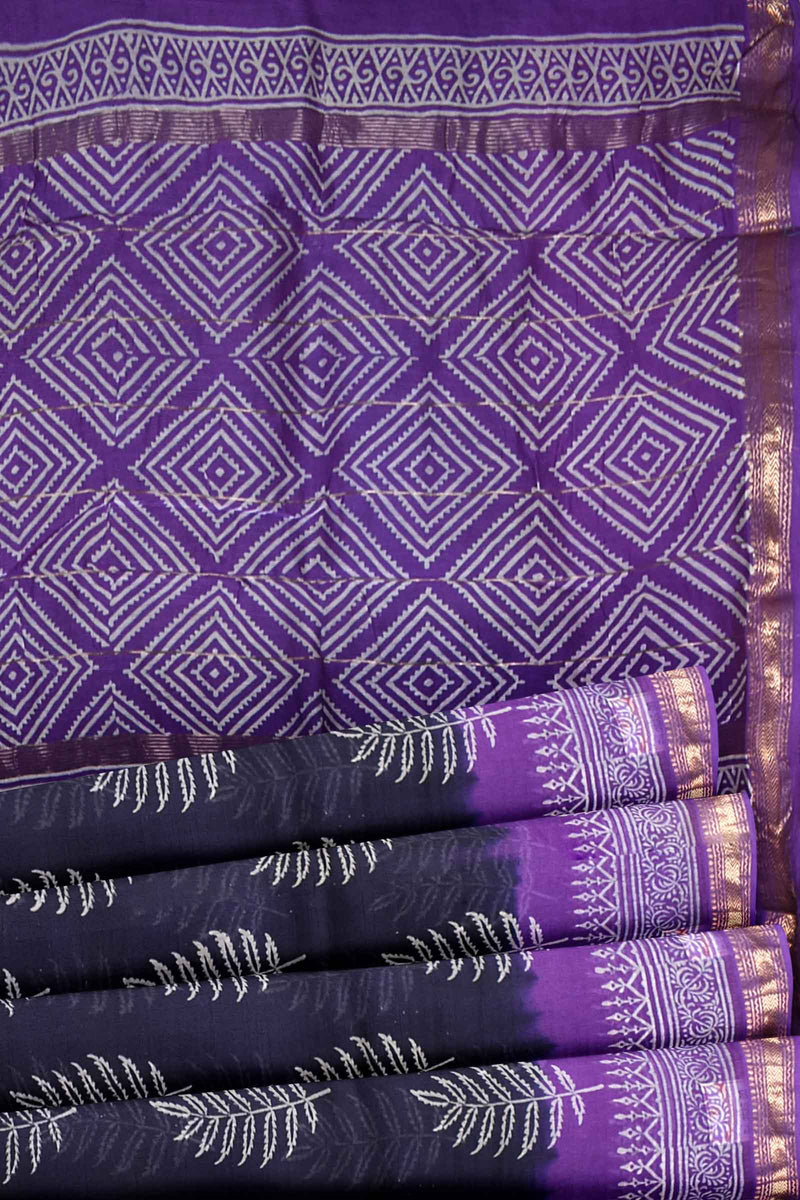 Blue Violet Maheshwari Hand Block Print Saree