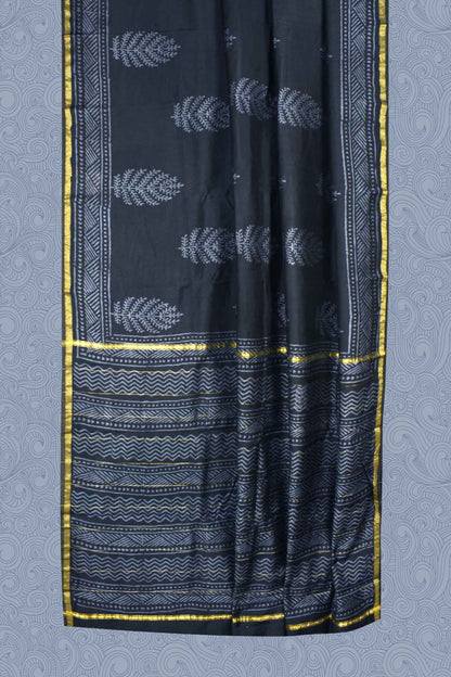 Black Chanderi Hand Block Print Saree