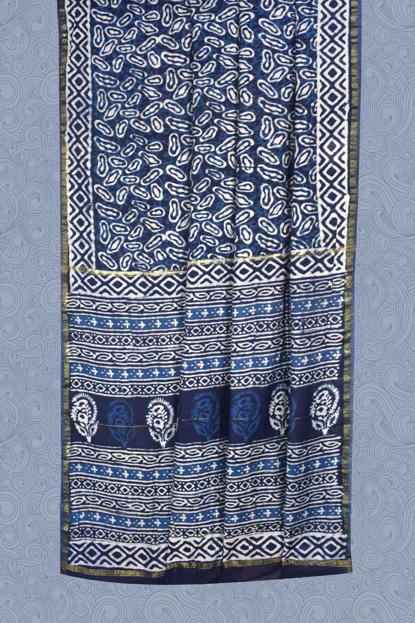 Indigo Blue Chanderi Hand Block Print Saree