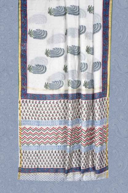 White Chanderi Hand Block Print Saree