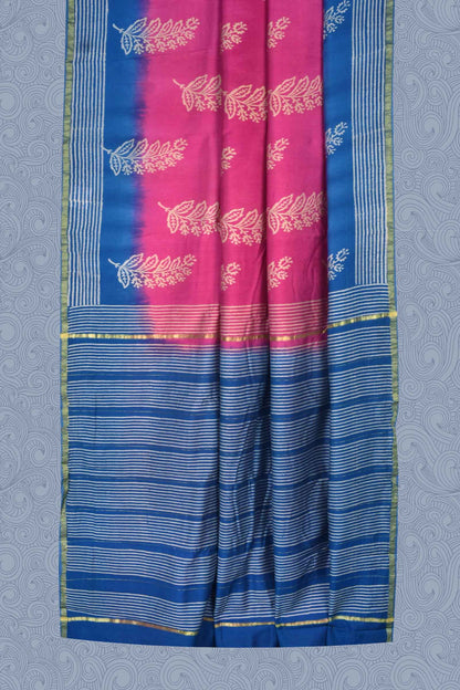 Pink Blue Chanderi Hand Block Print Saree