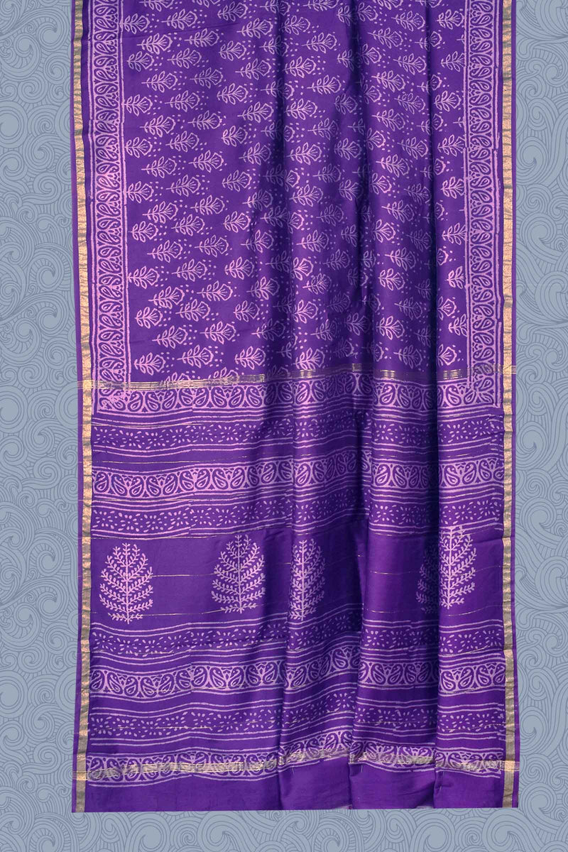 Violet Chanderi Tree Hand Block Print Saree