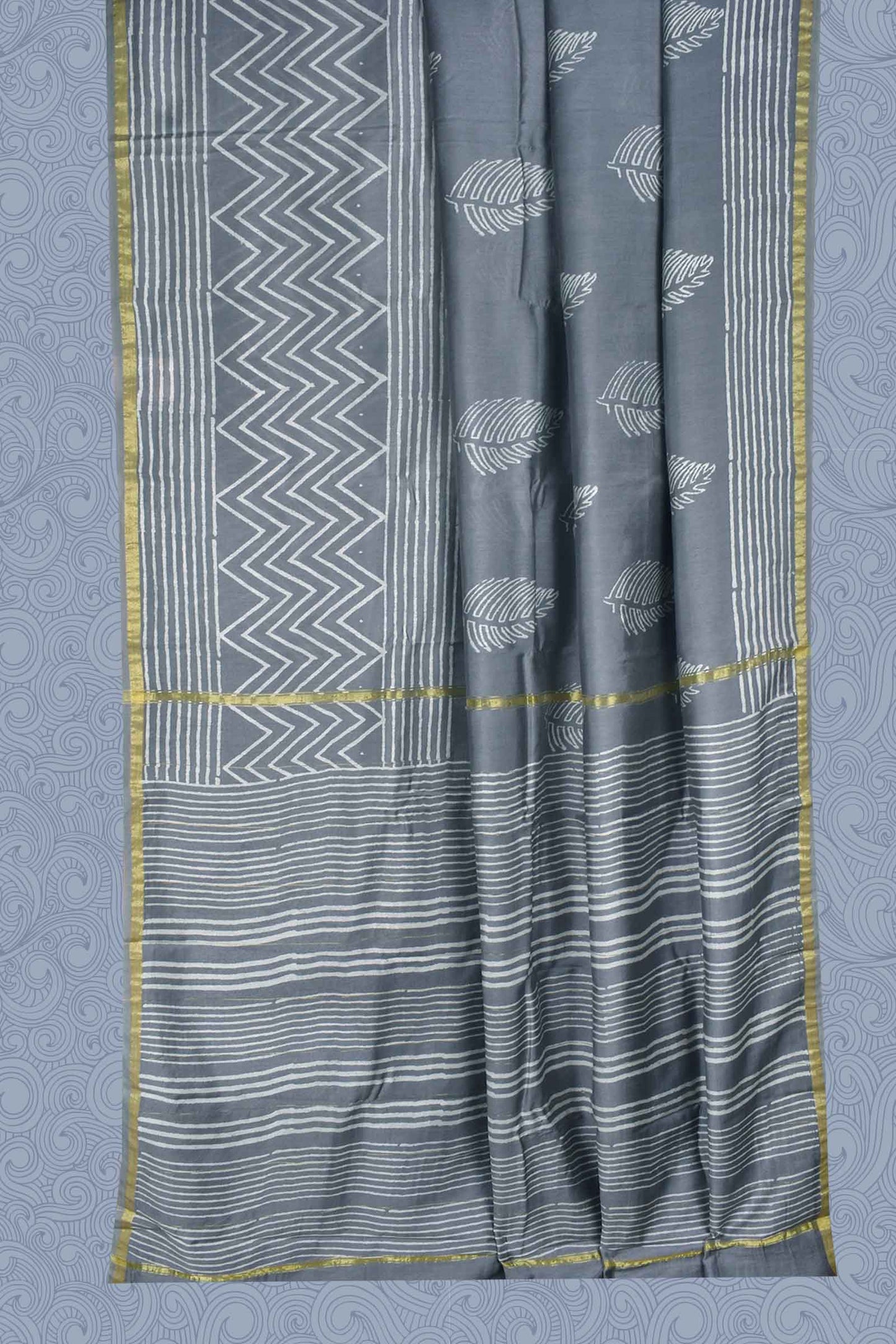 Light Grey Chanderi Hand Block Print Saree