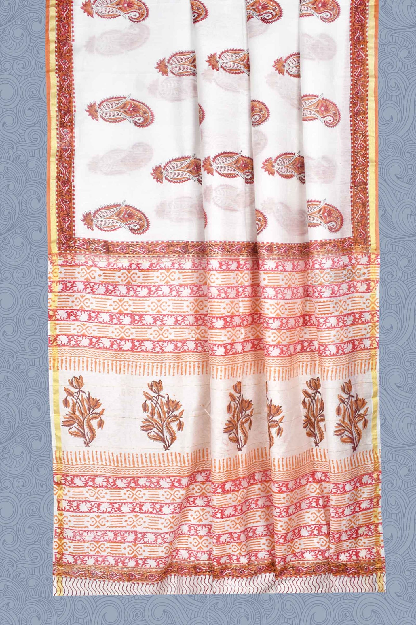 White Mango Butta Chanderi Hand Block Print Saree