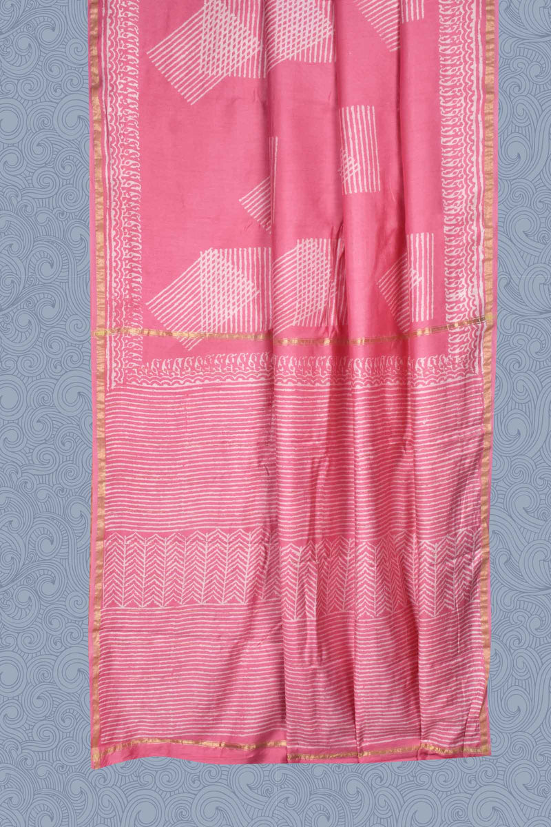 Pink Line Block Chanderi Hand Block Print Saree