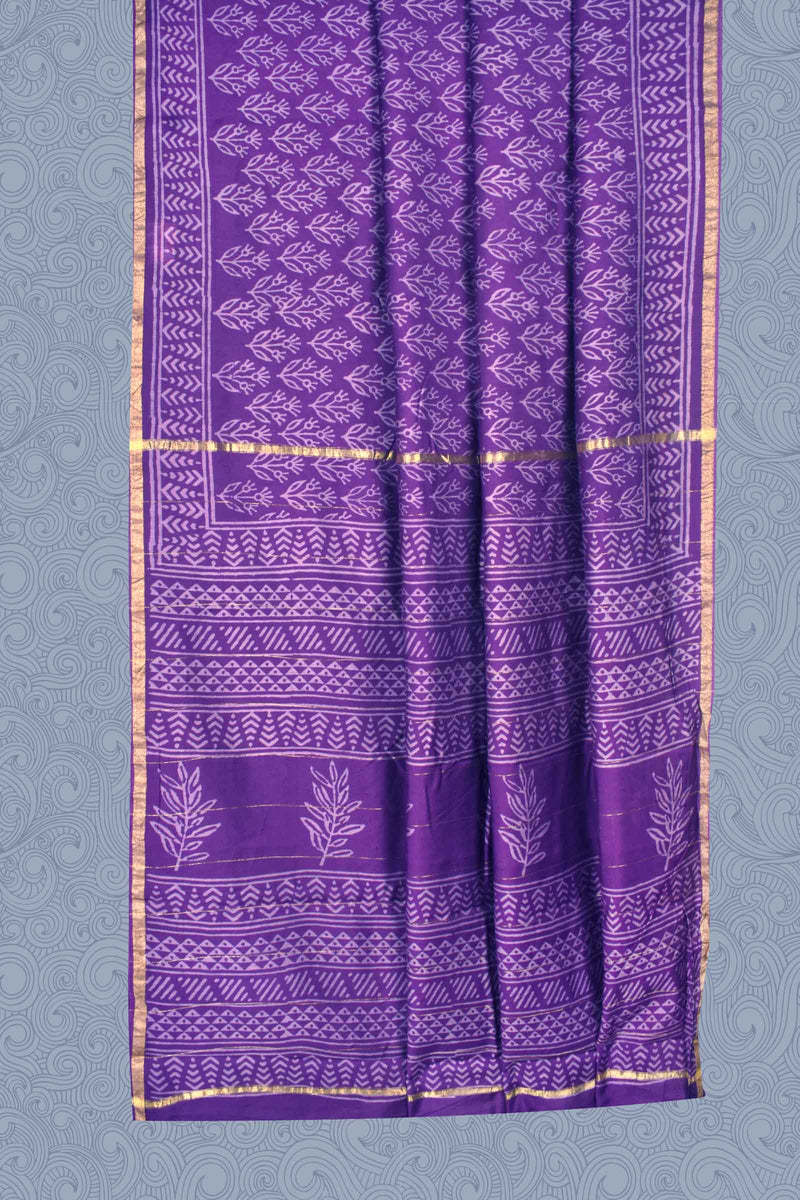 Violet Chanderi Leaf Hand Block Print Saree