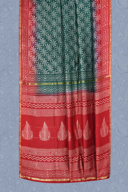 Green Chanderi Hand Block Print Saree