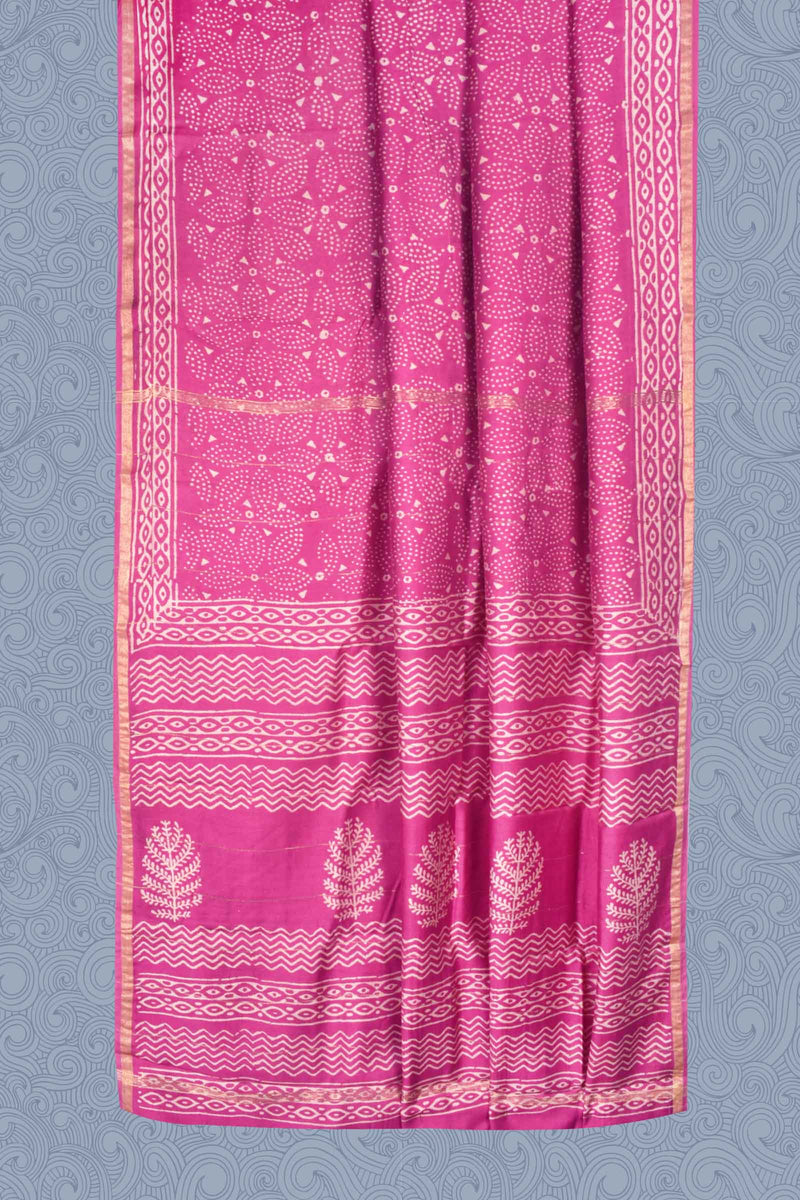 Pink Leaf Chanderi Hand Block Print Saree