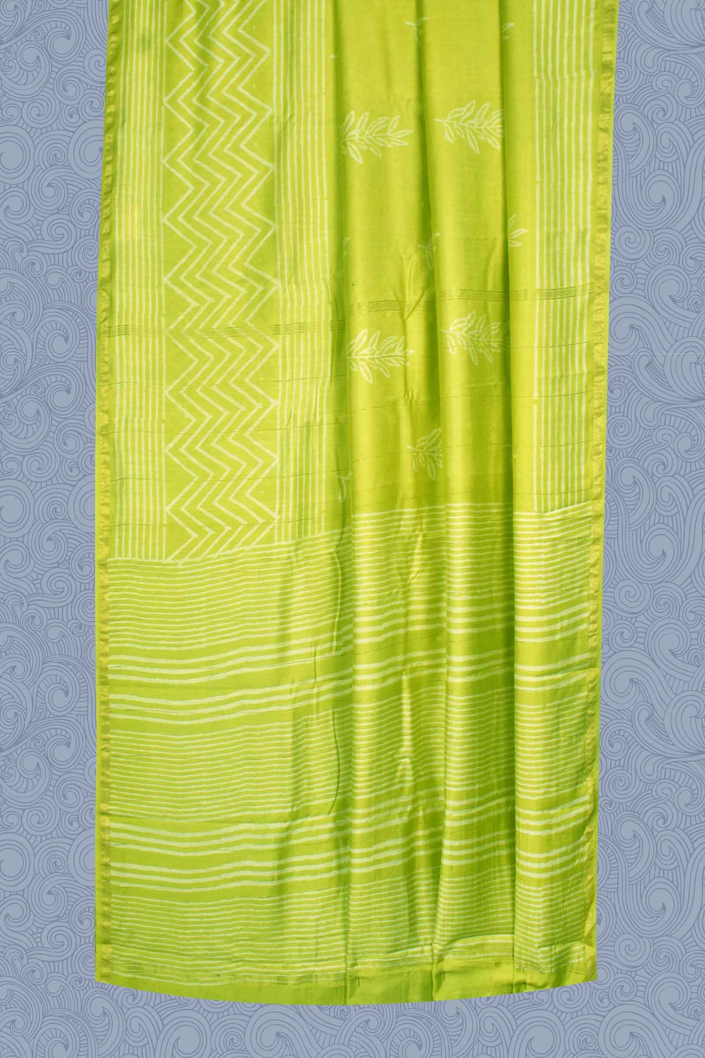 Light Green Zig Zag Chanderi Hand Block Print Saree