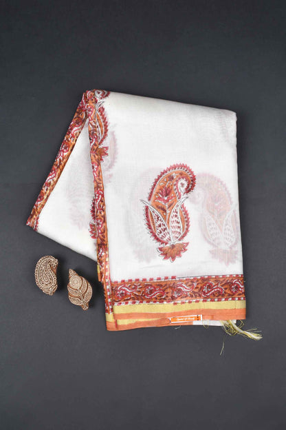 White Mango Butta Chanderi Hand Block Print Saree