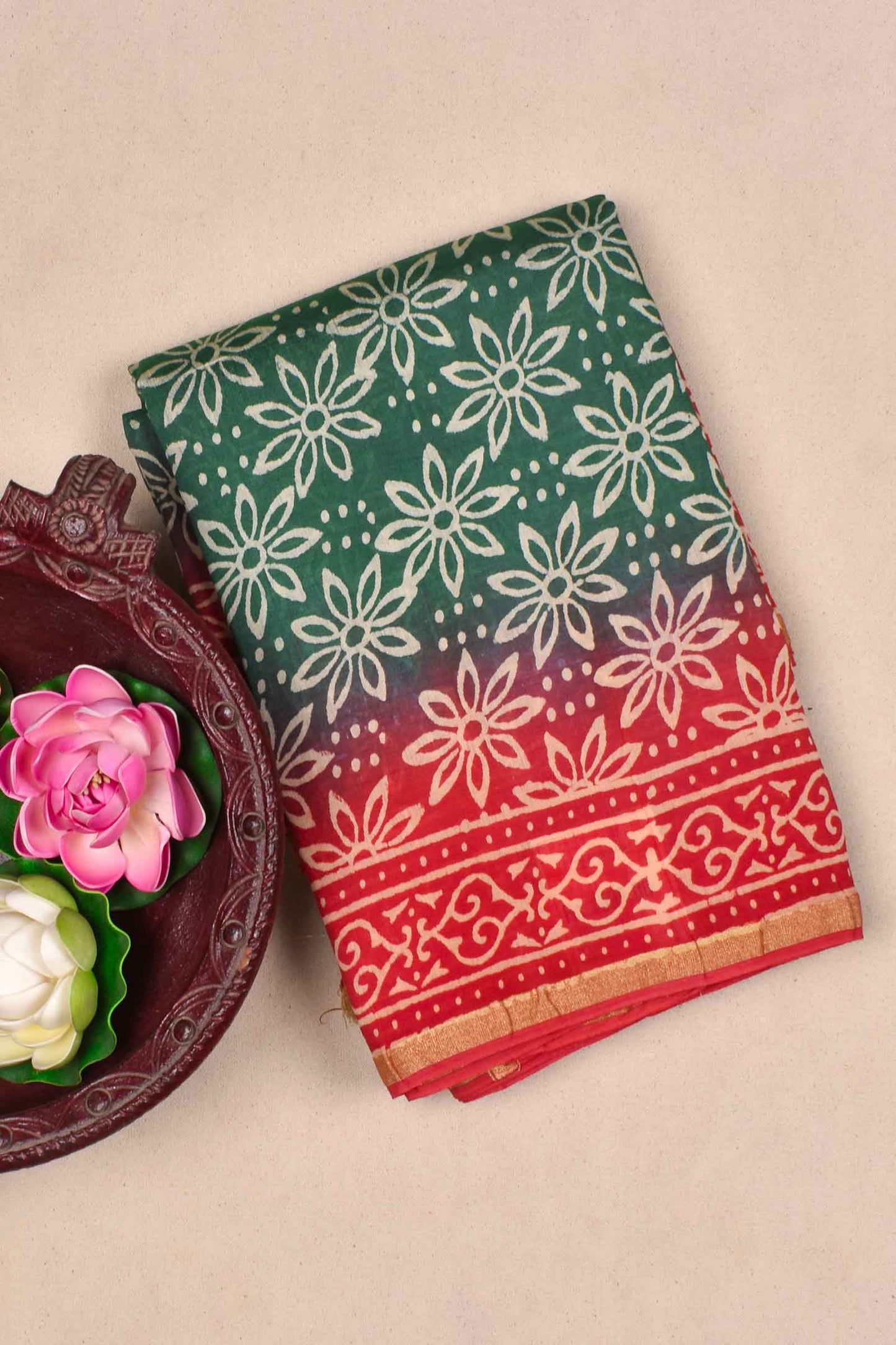 Green Chanderi Hand Block Print Saree