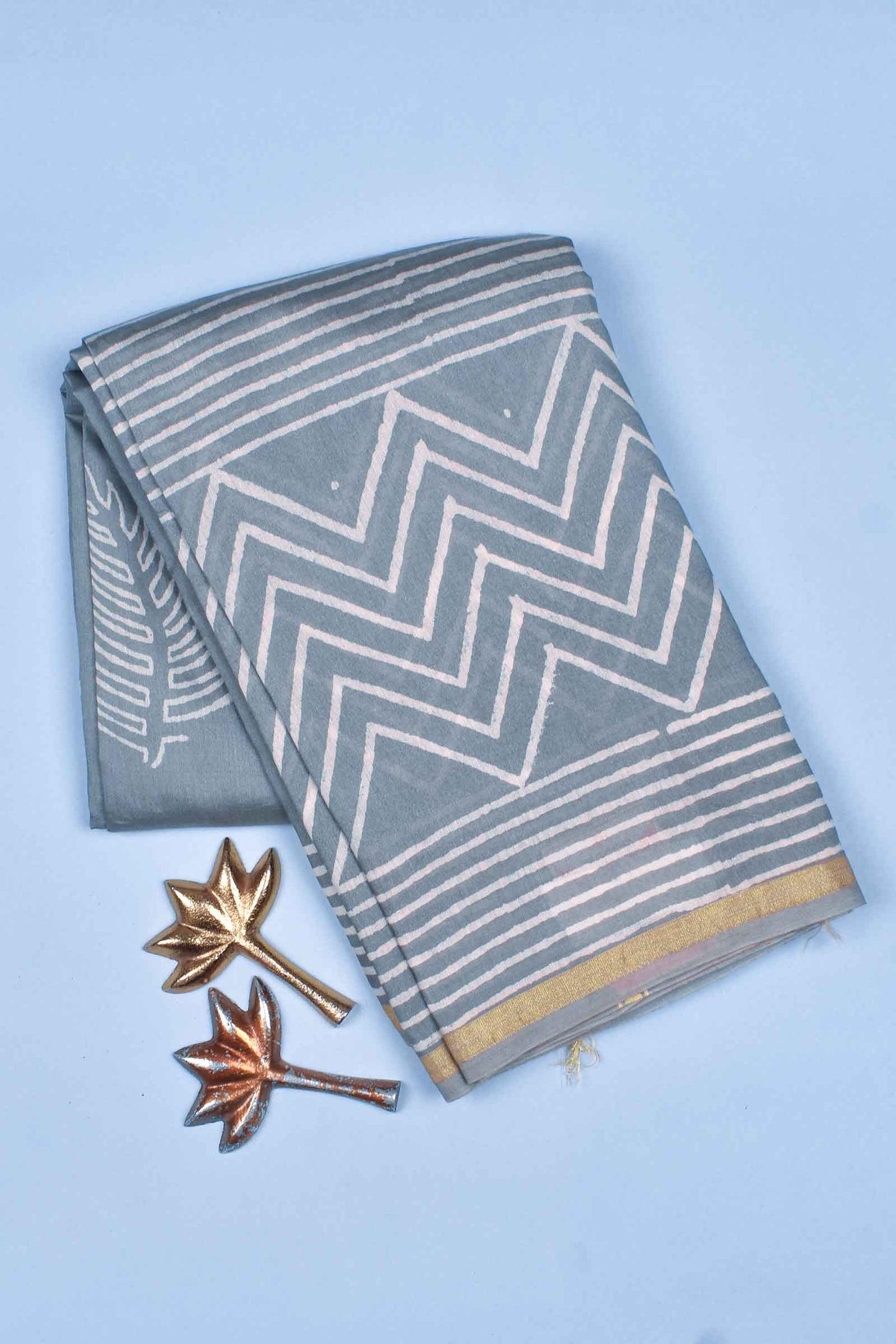 Light Grey Chanderi Hand Block Print Saree