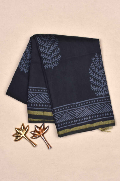 Black Chanderi Hand Block Print Saree