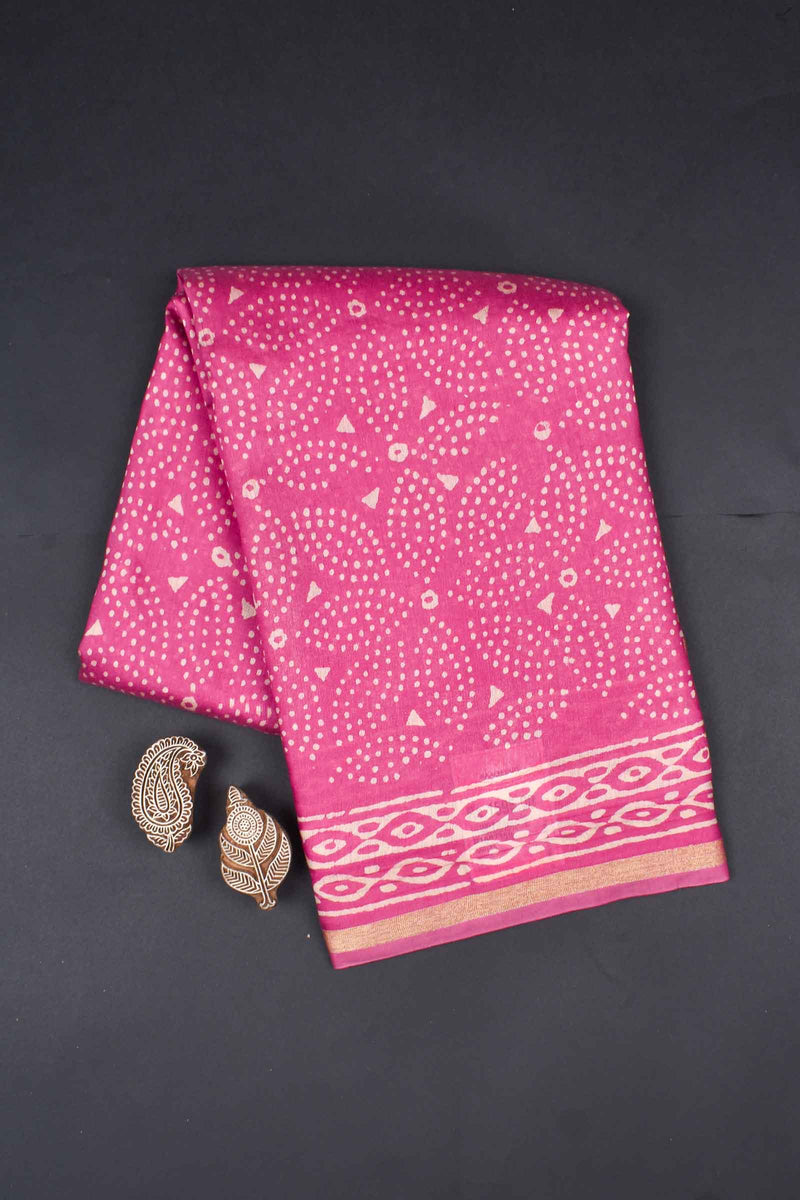 Pink Leaf Chanderi Hand Block Print Saree