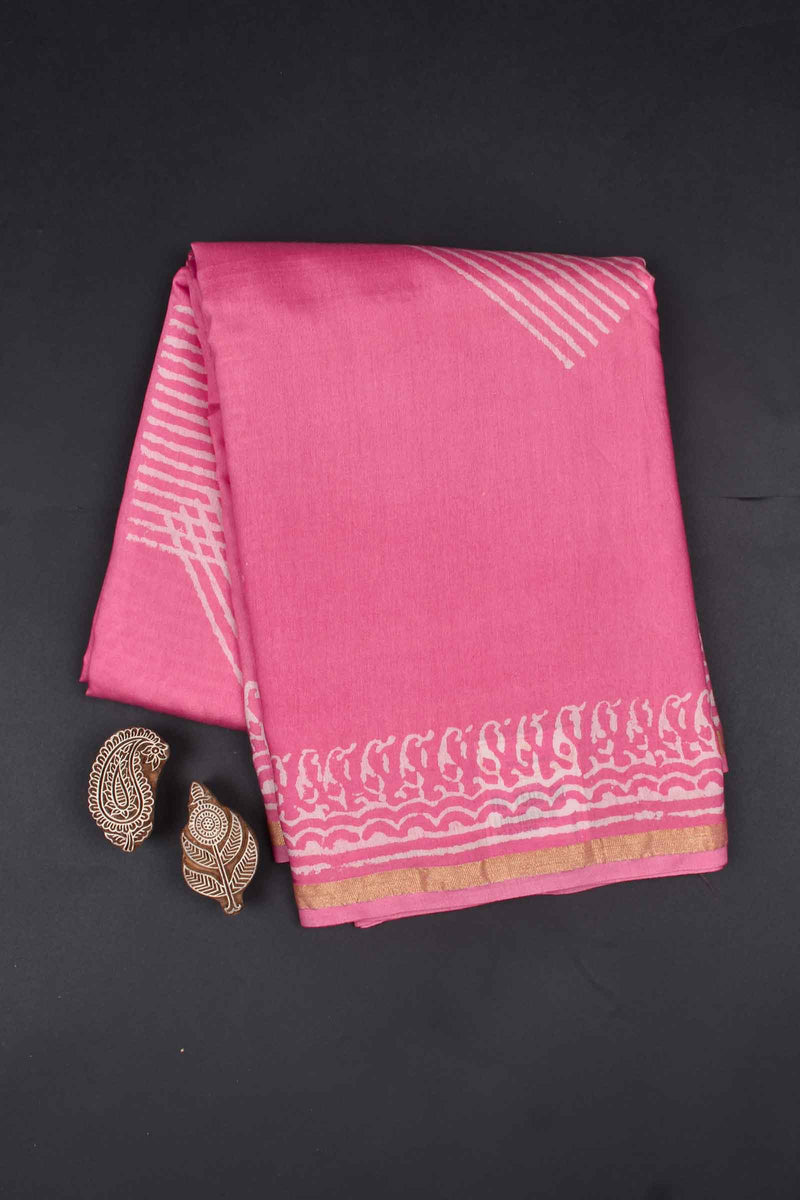 Pink Line Block Chanderi Hand Block Print Saree