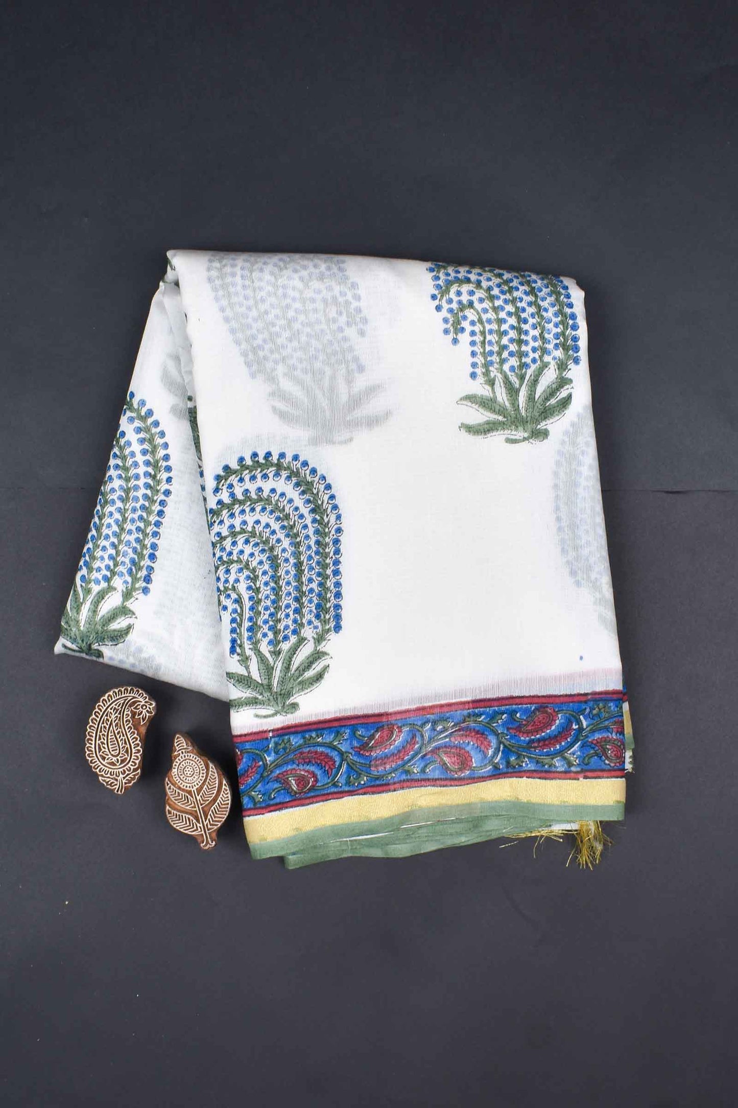 White Chanderi Hand Block Print Saree