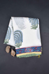 White Chanderi Hand Block Print Saree