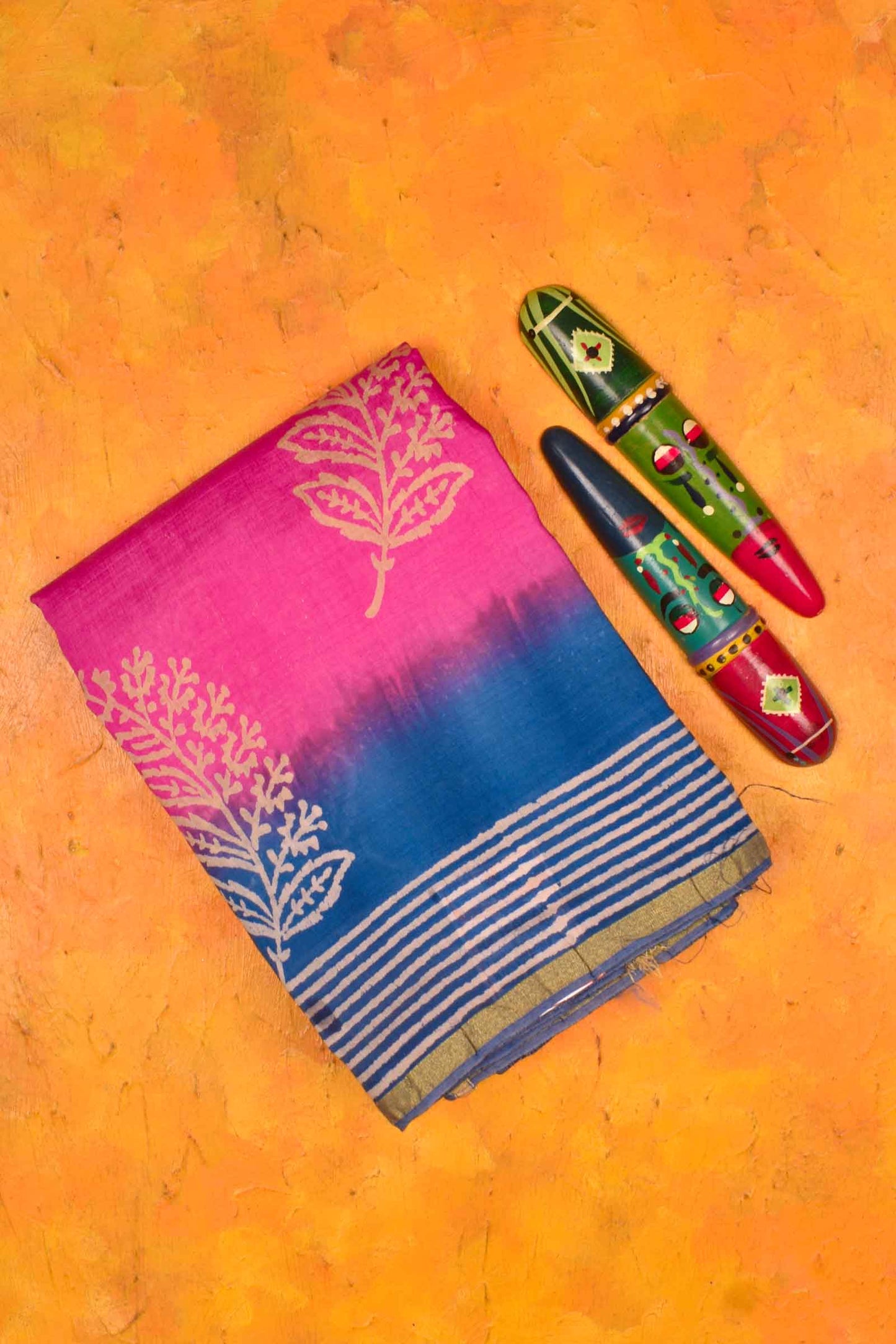 Pink Blue Chanderi Hand Block Print Saree