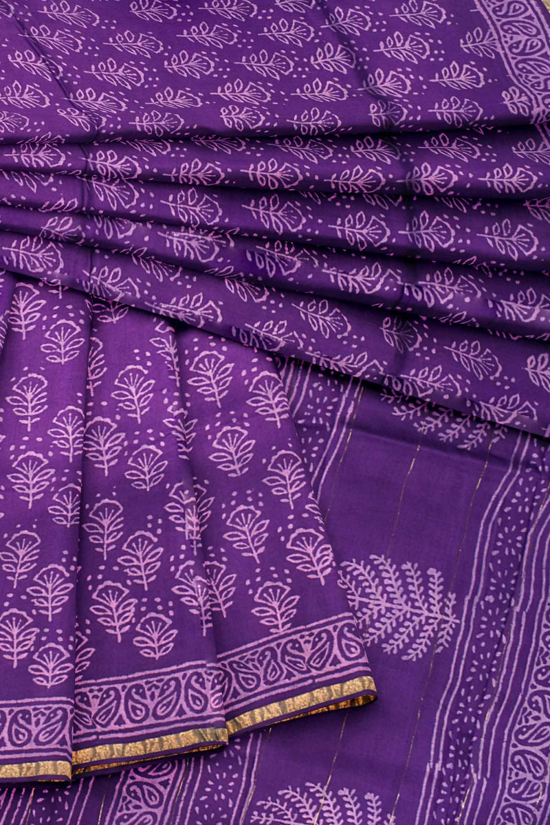 Violet Chanderi Tree Hand Block Print Saree