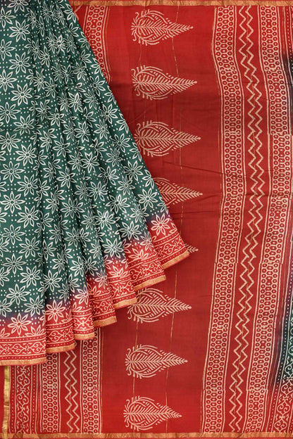 Green Chanderi Hand Block Print Saree