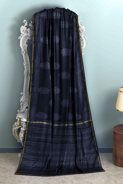 Black Chanderi Hand Block Print Saree