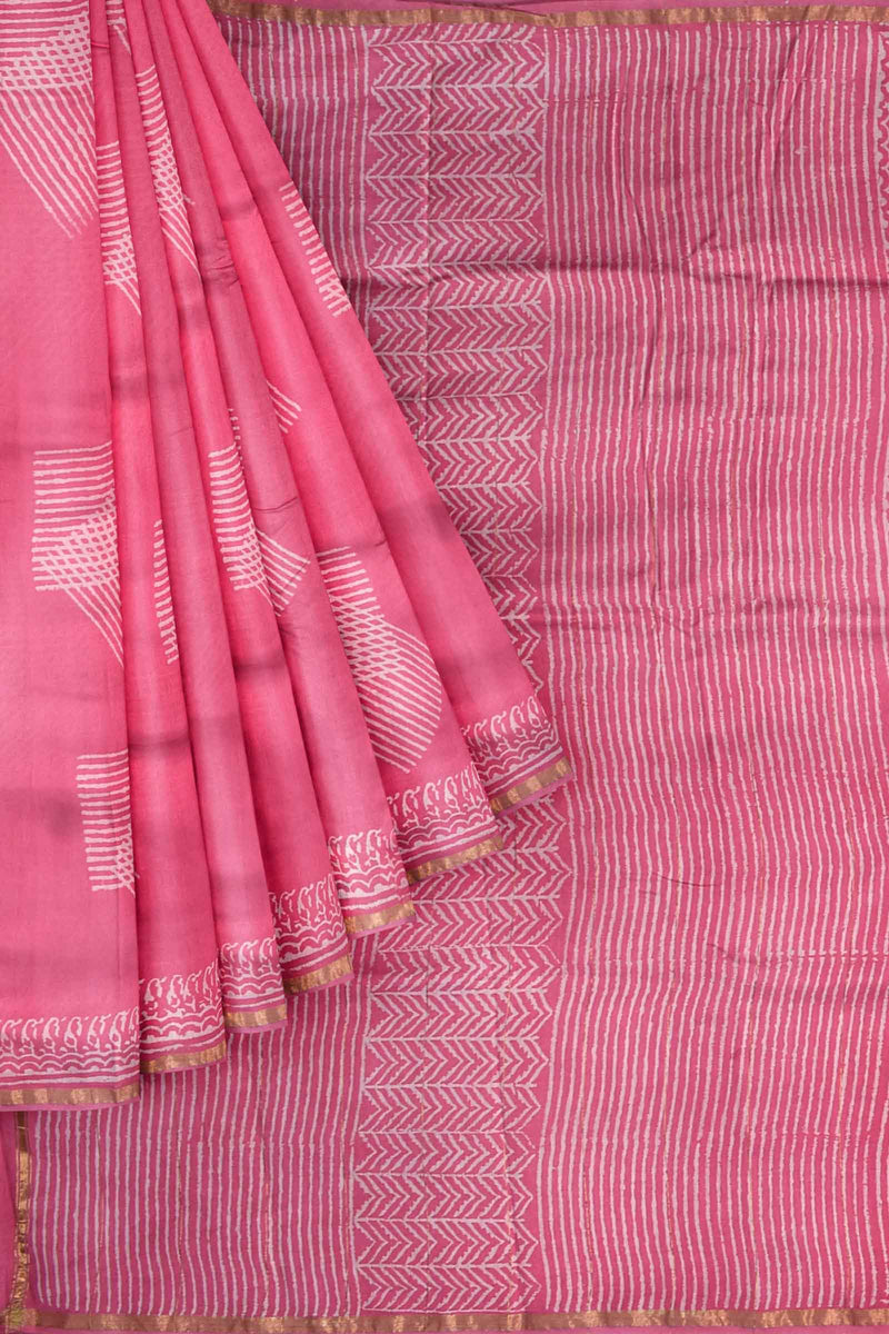 Pink Line Block Chanderi Hand Block Print Saree